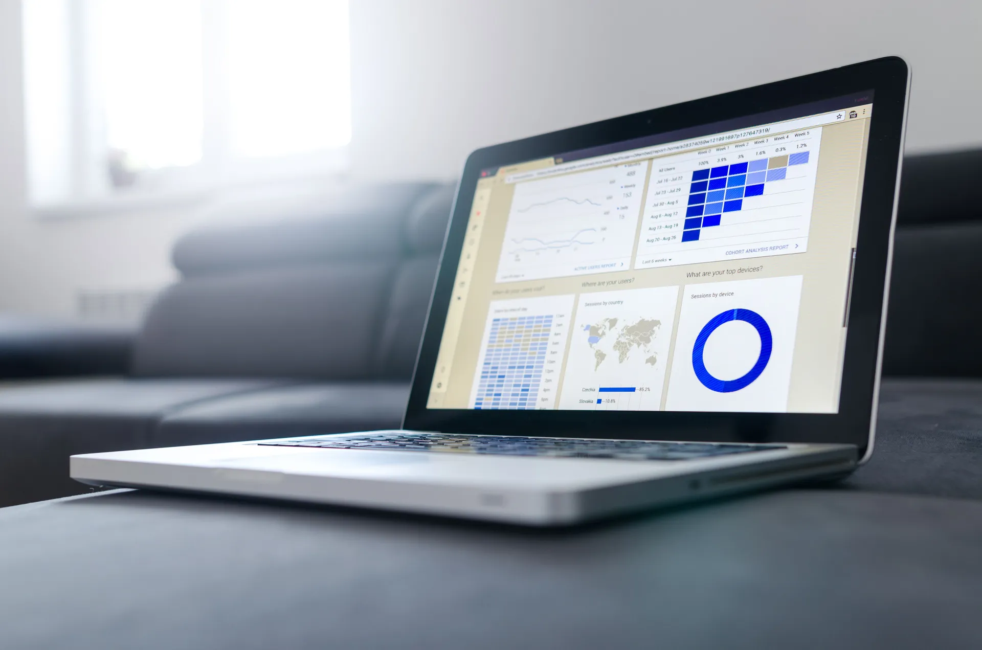 Computer portatile con una dashboard di grafici e indicatori