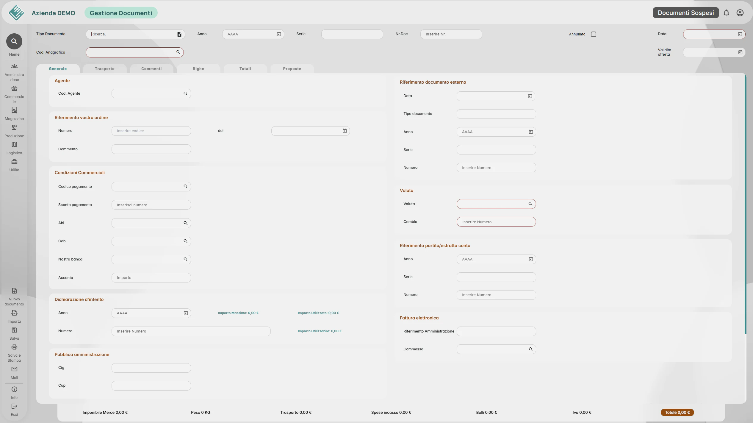 Interfaccia reale di Larha ERP per la gestione dei documenti
