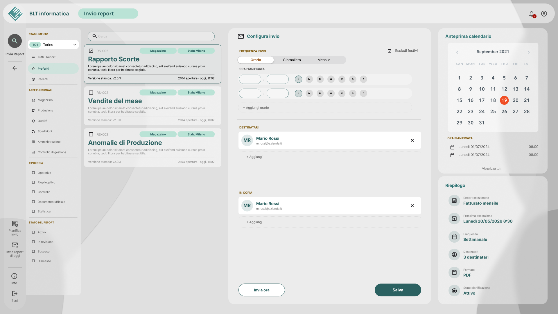 Configurazione dell’invio programmato di un report con frequenza, orari, destinatari e calendario