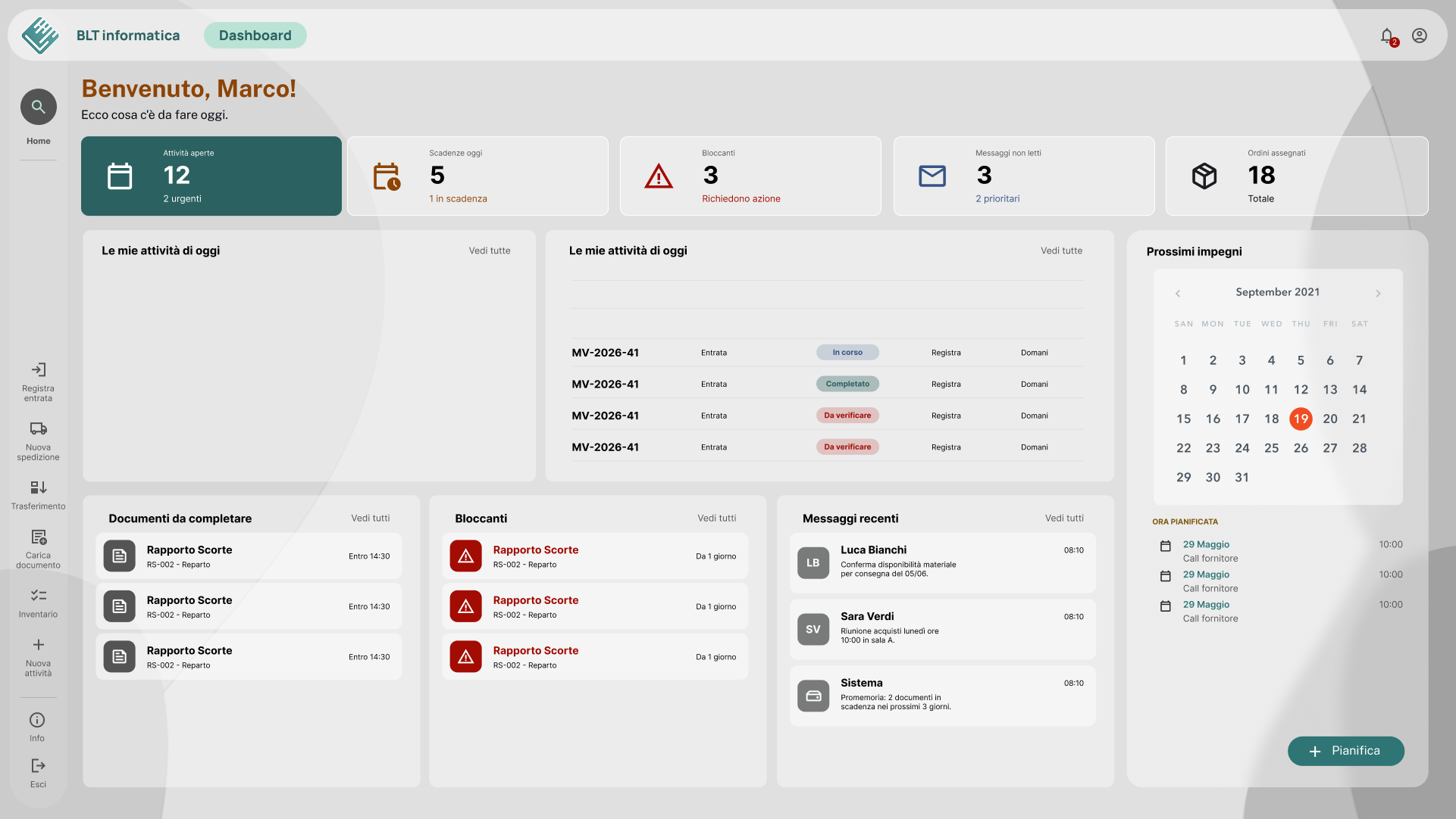 Dashboard Larha con attività, scadenze, blocchi e ordini