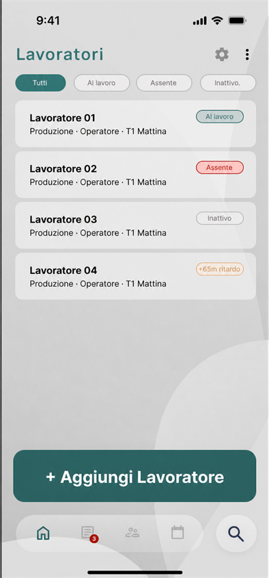 Elenco mobile dei lavoratori con filtri per stato